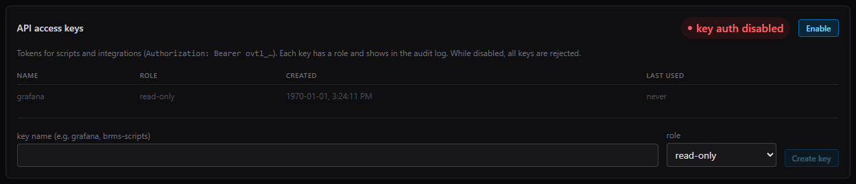 OpenVTL API access keys panel: role-scoped Bearer tokens for scripts and integrations, a read-only key named grafana, and a master toggle that rejects all keys while disabled
